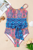 Blue Geometric Print Hollow Out Knotted Waist One Piece Swimsuit