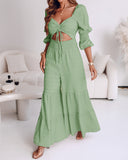 Square Neck Long Sleeve Drawstring  Shirred Jumpsuit