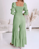 Square Neck Long Sleeve Drawstring  Shirred Jumpsuit