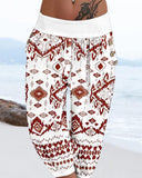 Tribal Print Low Waist Button Decor Capris Pants Vacation Pants with Pocket