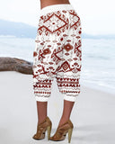 Tribal Print Low Waist Button Decor Capris Pants Vacation Pants with Pocket