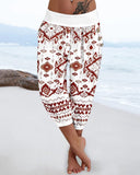 Tribal Print Low Waist Button Decor Capris Pants Vacation Pants with Pocket