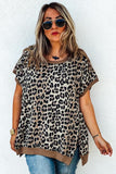 Khaki Leopard Contrast Trim Short Sleeve Loose Plus Size Top