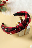 Red Dahlia Pearl Decor Christmas Plaid Knotted Headband