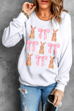 White Easter Bunny Bow Print Round Neck Pullover Sweatshirt