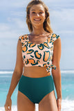 Green Leopard Print U Neck Knotted High Waist Bikini Set