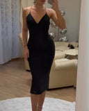 V Neck Rhinestone Straps Slit Back Evening Dress Backless Slim Fit Party Dress With Multi Layer Rhinestone Chain Decoration