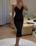 V Neck Rhinestone Straps Slit Back Evening Dress Backless Slim Fit Party Dress With Multi Layer Rhinestone Chain Decoration