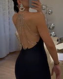 V Neck Rhinestone Straps Slit Back Evening Dress Backless Slim Fit Party Dress With Multi Layer Rhinestone Chain Decoration