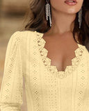Deep V Neck Contrast Lace Three Quarters Sleeves Tee Casual Shirred & Frill Hem Cuffs Breathable Top