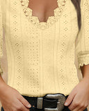 Deep V Neck Contrast Lace Three Quarters Sleeves Tee Casual Shirred & Frill Hem Cuffs Breathable Top