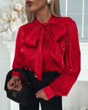 Tie Neck Beaded Long Sleeve Tied Detail Blouses Casual Shirts