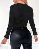 Asymmetrical Neck Long Sleeve Fleece Lined Ribbed Top Button Front Slim Fit Tee