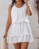 U Neck Thick Strap Ruched Ruffle Hem Layered Mini Dress Casual Dress