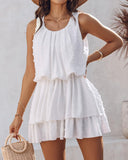 U Neck Thick Strap Ruched Ruffle Hem Layered Mini Dress Casual Dress