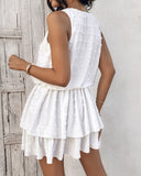 U Neck Thick Strap Ruched Ruffle Hem Layered Mini Dress Casual Dress