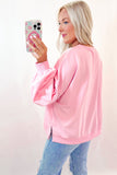 Light Pink Embroidered Bow Lantern Sleeve Oversized Pullover Sweatshirt