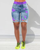 2 In 1 Denim Shorts Colorblock Print Ripped Shorts /w Workout Running Shorts