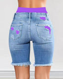 2 In 1 Denim Shorts Colorblock Print Ripped Shorts /w Workout Running Shorts