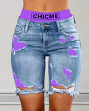 2 In 1 Denim Shorts Colorblock Print Ripped Shorts /w Workout Running Shorts