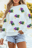 White Sequined Mardi Gras Mask Pattern Drop Shoulder Sweatshirt