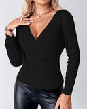 V Neck Ruched Side Button Decor Slim Fit Knit Sweater