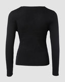 V Neck Ruched Side Button Decor Knit Sweater Slim Fit Pullover Top