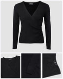 V Neck Ruched Side Button Decor Knit Sweater Slim Fit Pullover Top