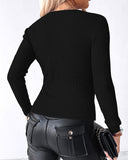 V Neck Ruched Side Button Decor Knit Sweater Slim Fit Pullover Top