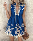 Plants Print Tassel Decor Sleeveless Casual Dress