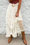 Beige Lace Cascading Tiered High Waist Maxi Skirt