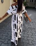 nk Print Off Shoulder Jumpsuit Waist Tie Elegant Casual One Piece Outfit