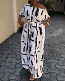 nk Print Off Shoulder Jumpsuit Waist Tie Elegant Casual One Piece Outfit