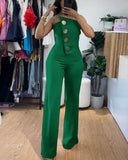 Asymmetrical Bandeau Strapless Jumpsuit Metal Button Decor Casual Overalls