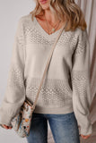 Brown Eyelet Pattern Detail V Neck Drop Shoulder Sweater