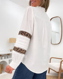 Leopard Frill Hem Stand Collar Hollow out Long Sleeve Front Button Blouse Casual Shirts