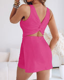 French Style Square Neck Backless Ruched Overalls Twist Back Slim Fit Faux Two Piece Skort Romper