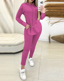 Lace Patch Ribbed Hooded Top & Pocket Design Pants Set