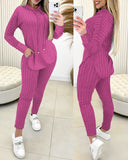 Lace Patch Ribbed Hooded Top & Pocket Design Pants Set