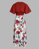 2 Pieces Outfit Plain V Neck Short Sleeve Ruched Top and Casual Floral Print Wide Leg Pants Set