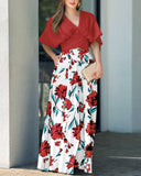 2 Pieces Outfit Plain V Neck Short Sleeve Ruched Top and Casual Floral Print Wide Leg Pants Set