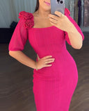 Rose Decor Square Neck Puff Sleeve Front Slitl Slim Fit Mid Calf Dress Elegant Bodycon