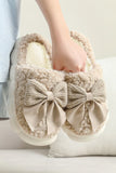 Camel Contrast Bowknot Applique Plush Winter Slippers (Bow Colors May Differ by Batch)