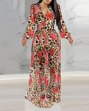Leopard Floral Print Lantern Sleeve Sheer V Neck Pleated Maxi Dress Elegant Evening Dress