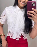 Lace Turn down Collar Short Sleeve Blouse Casual Hollow out Asymmetrical Hem Crop Top