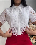 Lace Turn down Collar Short Sleeve Blouse Casual Hollow out Asymmetrical Hem Crop Top