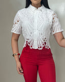 Lace Turn down Collar Short Sleeve Blouse Casual Hollow out Asymmetrical Hem Crop Top