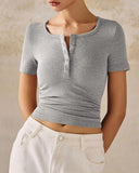 Henley V Neck Short Sleeve Tops Casual Button Up Ribbed Knit T Shirt