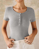 Henley V Neck Short Sleeve Tops Casual Button Up Ribbed Knit T Shirt