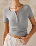 Henley V Neck Short Sleeve Tops Casual Button Up Ribbed Knit T Shirt